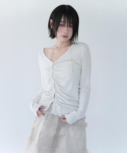 ASYMMETRIC SHIRRING LACE CARDIGAN DUSTY WHITE