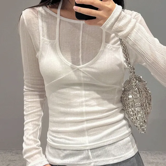 [레이어드/절개티/여리핏] 시스루 절개 레이어드 티셔츠 (*3color)