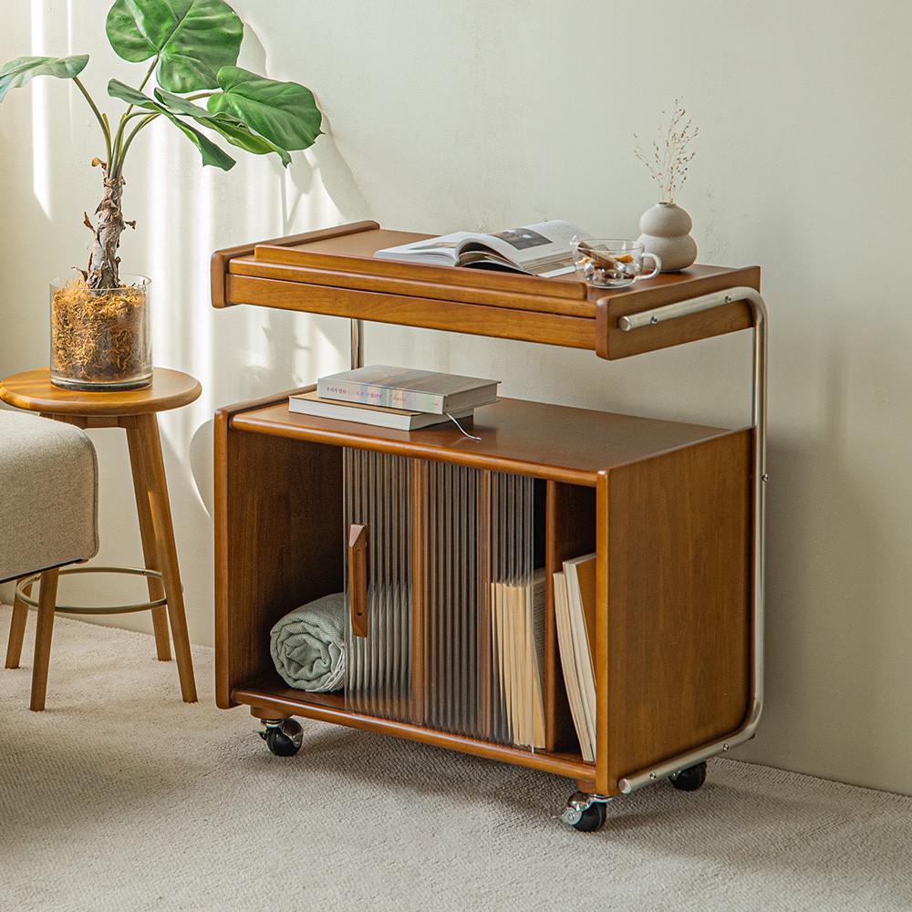 [희망일배송] 룬드 빈티지 원목 이동식 트롤리 수납 협탁 사이드테이블