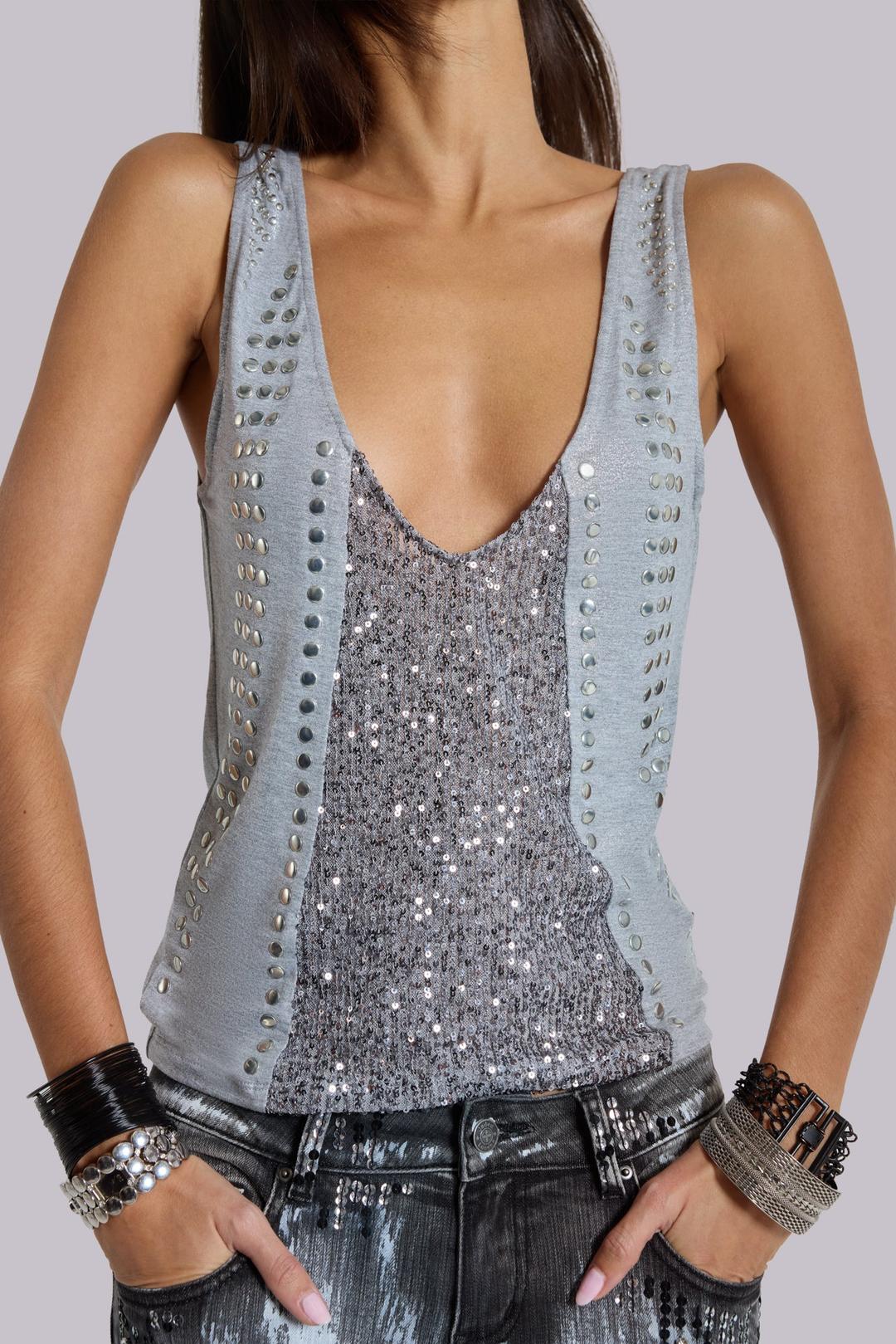 Kate Studded Plunge Vest Top - UK 16 / Grey