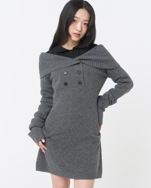 double button knit one piece DARK GREY