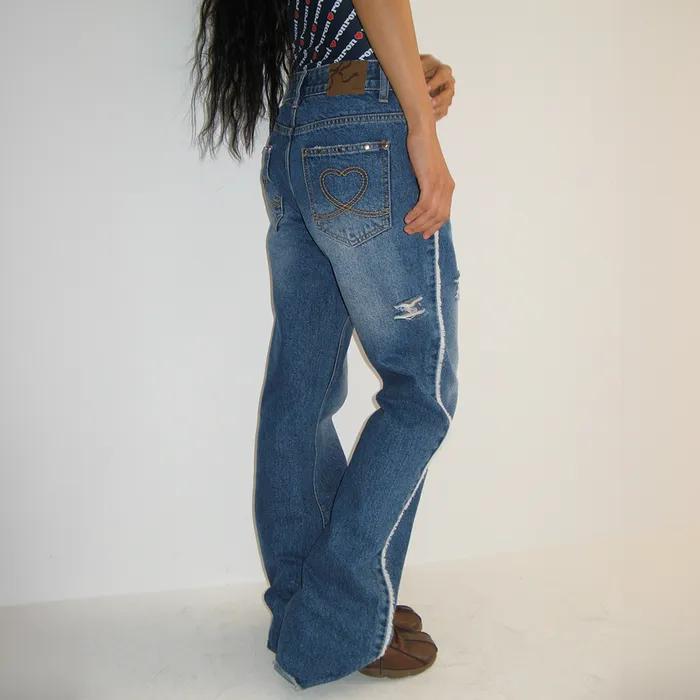 HEART STUD DAMAGE BOOTSCUT DENIM PANTS MEDIUM BLUE