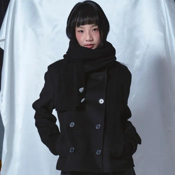 Heart Point Double Button Half Coat Black