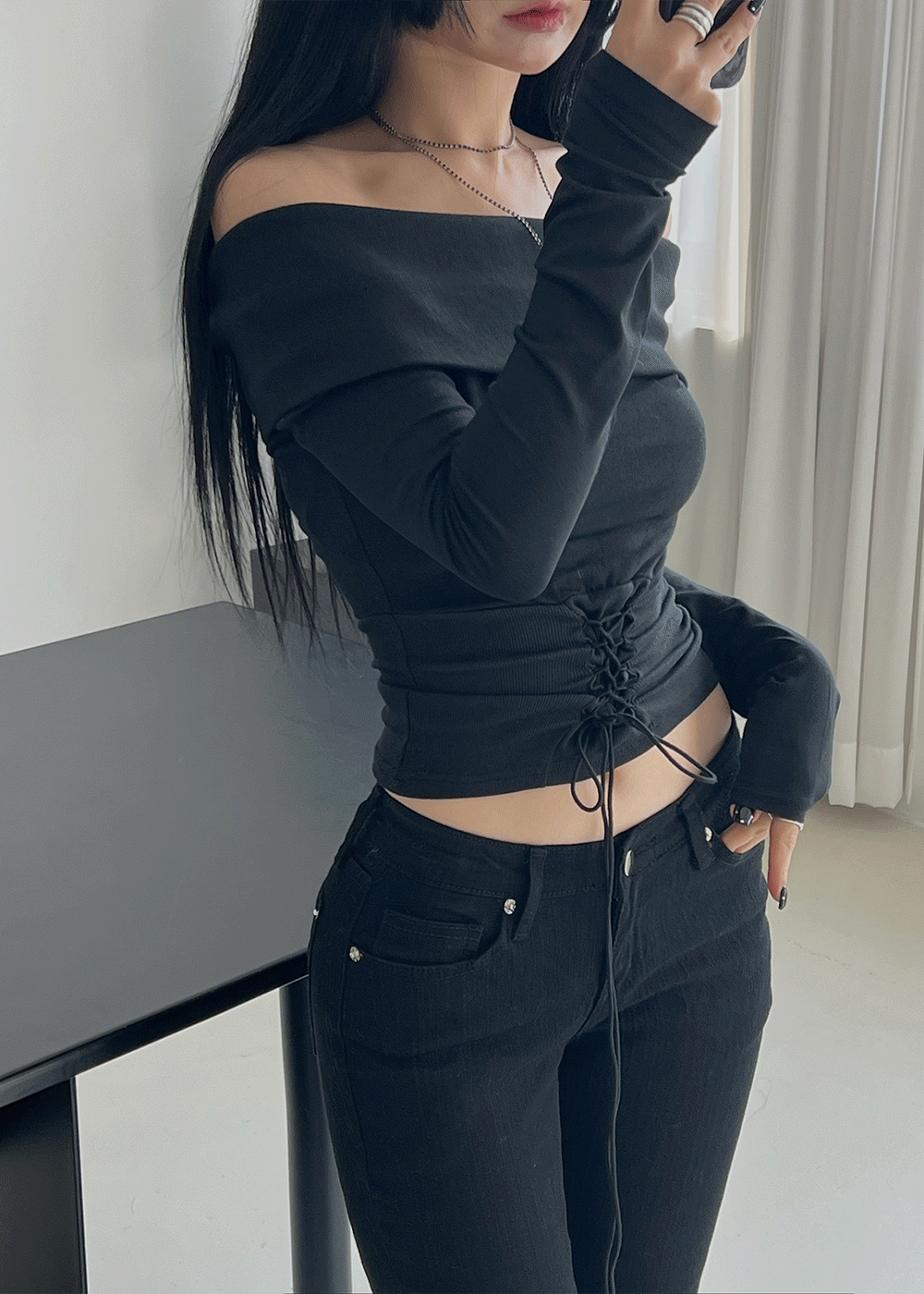 립베이 오프숄더 스트랩 긴팔티 3color