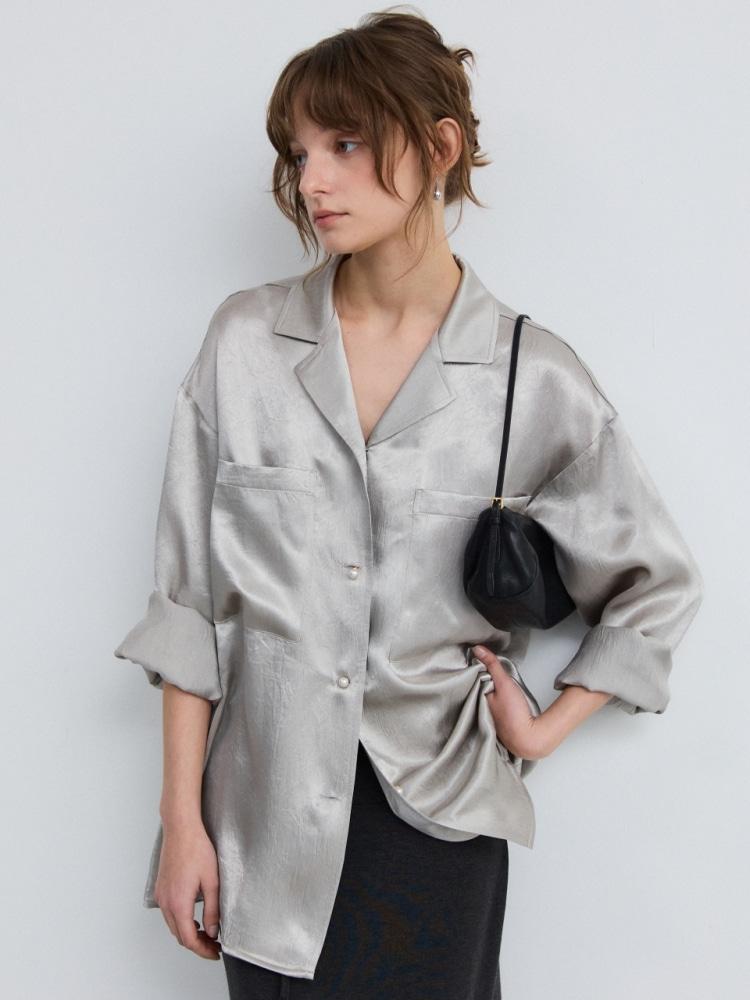 PEARL OPEN COLLAR SHIRT - SILVER