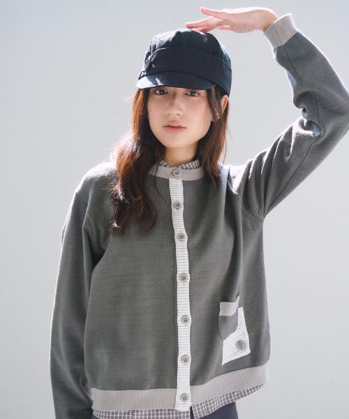 Plain Stripe Patch Cardigan, Charcoal