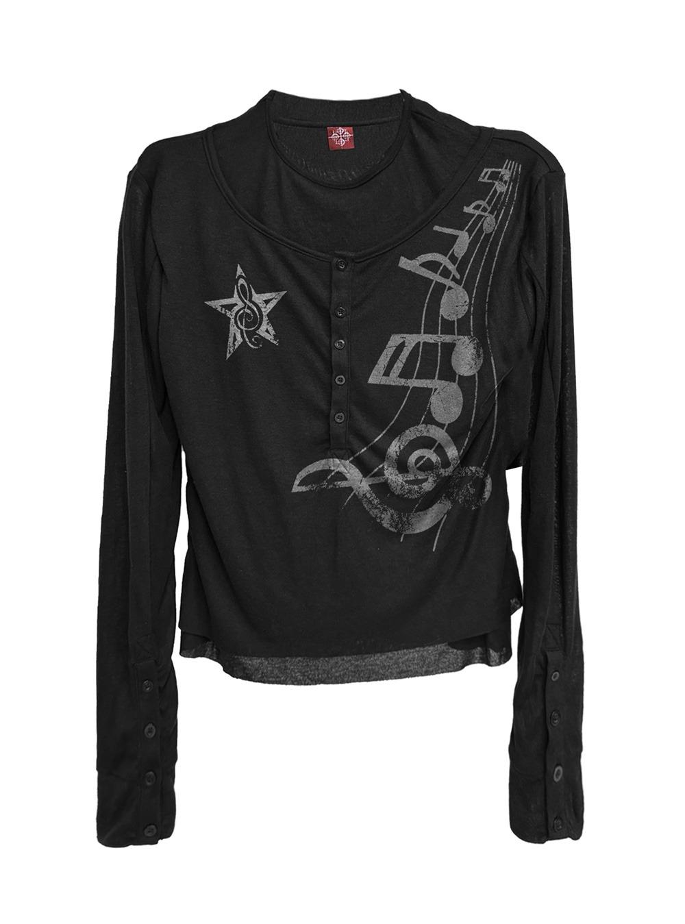 Double-Layer Sheer Buttoned Long Sleeve Tee
