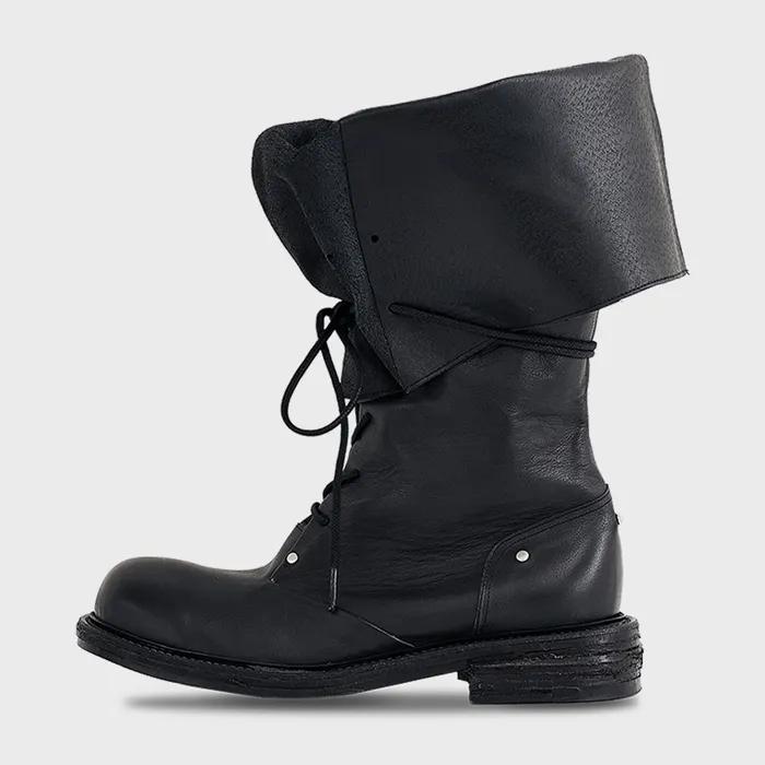 Folded lace-up long boots_Black