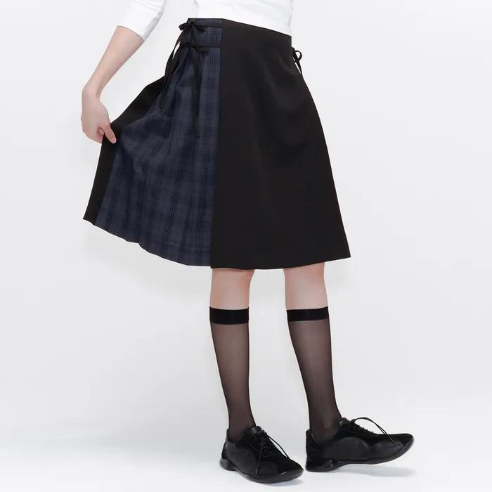 Side bow pleats midi skirt BLACK