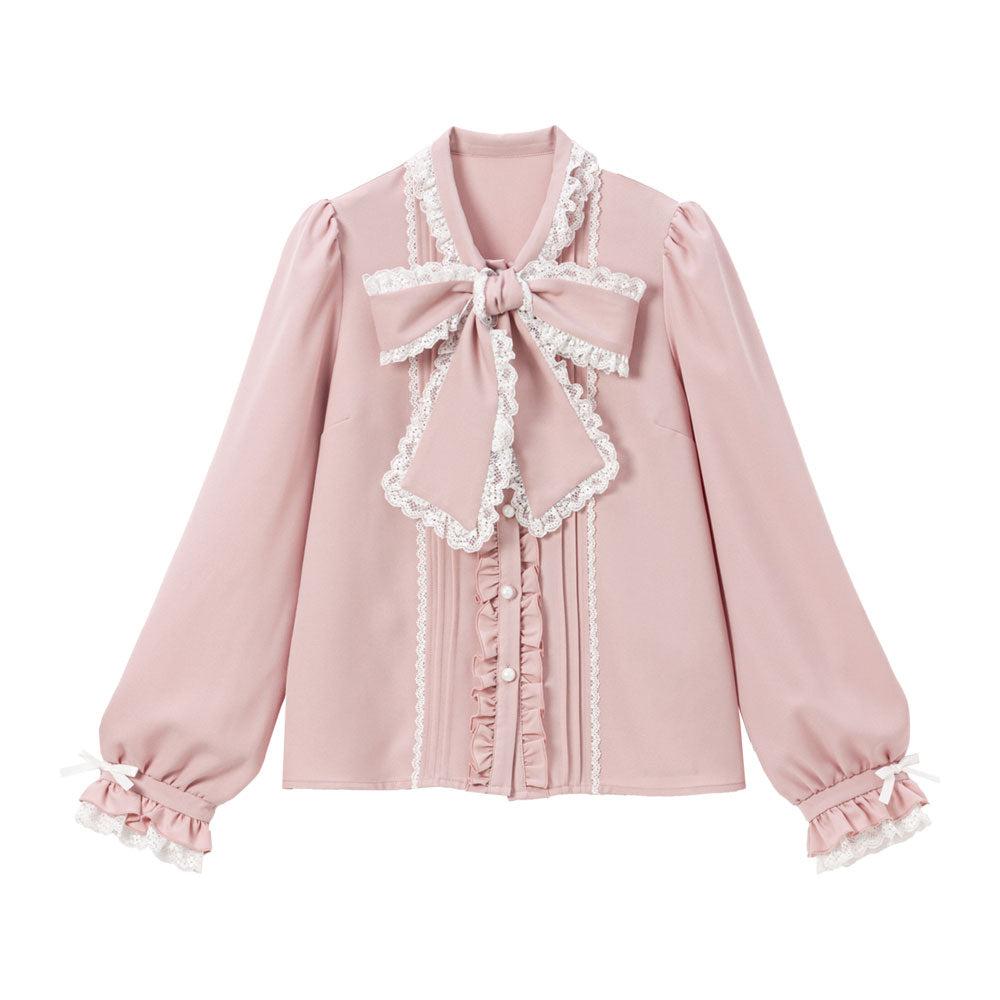 レースフリルたっぷり上品ボウタイリボンブラウス - ピンク×ホワイト / LL