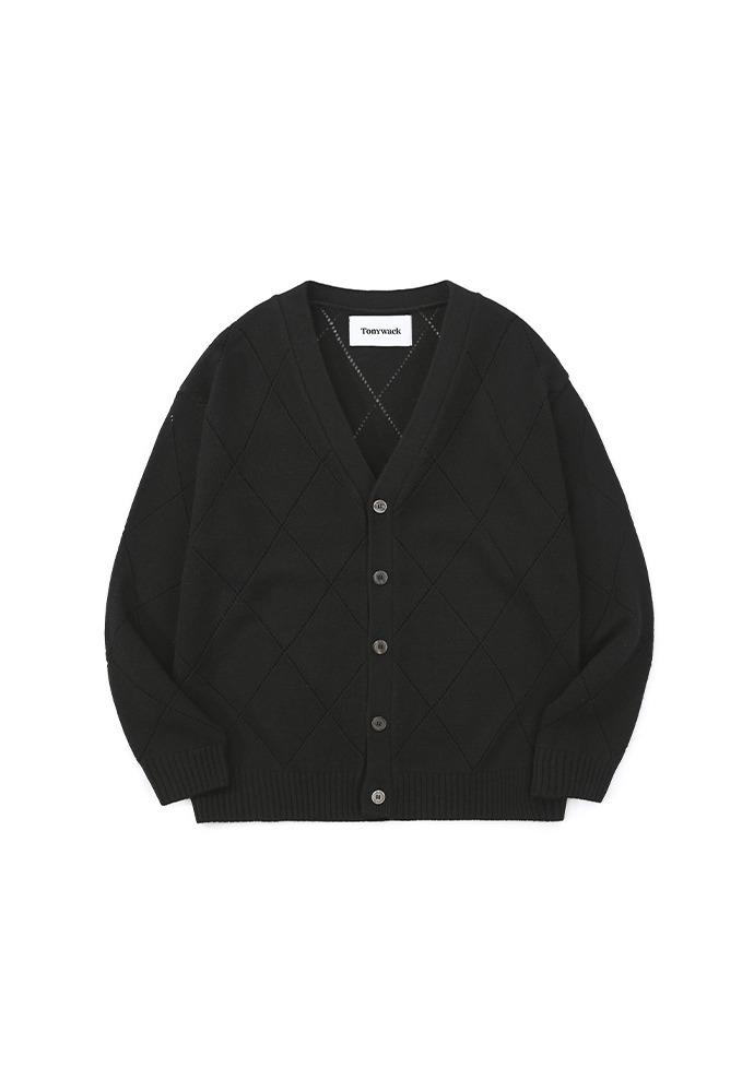 Slashed Argyle Cashmere Cardigan_ Black