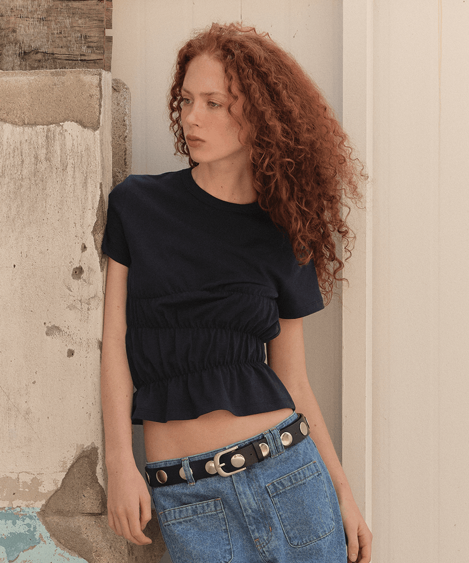 WAVE SHIRRING HALF TEE - NAVY