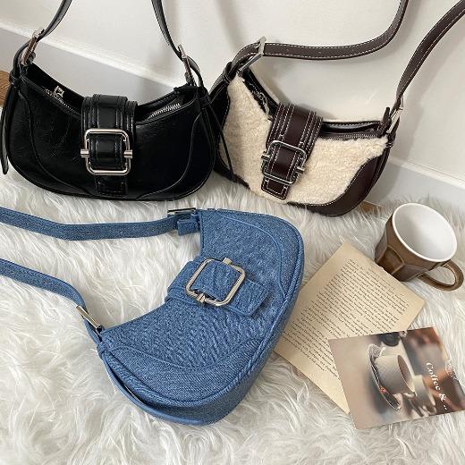 버클 뽀글이 퍼 가죽 레더 데님 청 호보백 바게트 미니숄더백