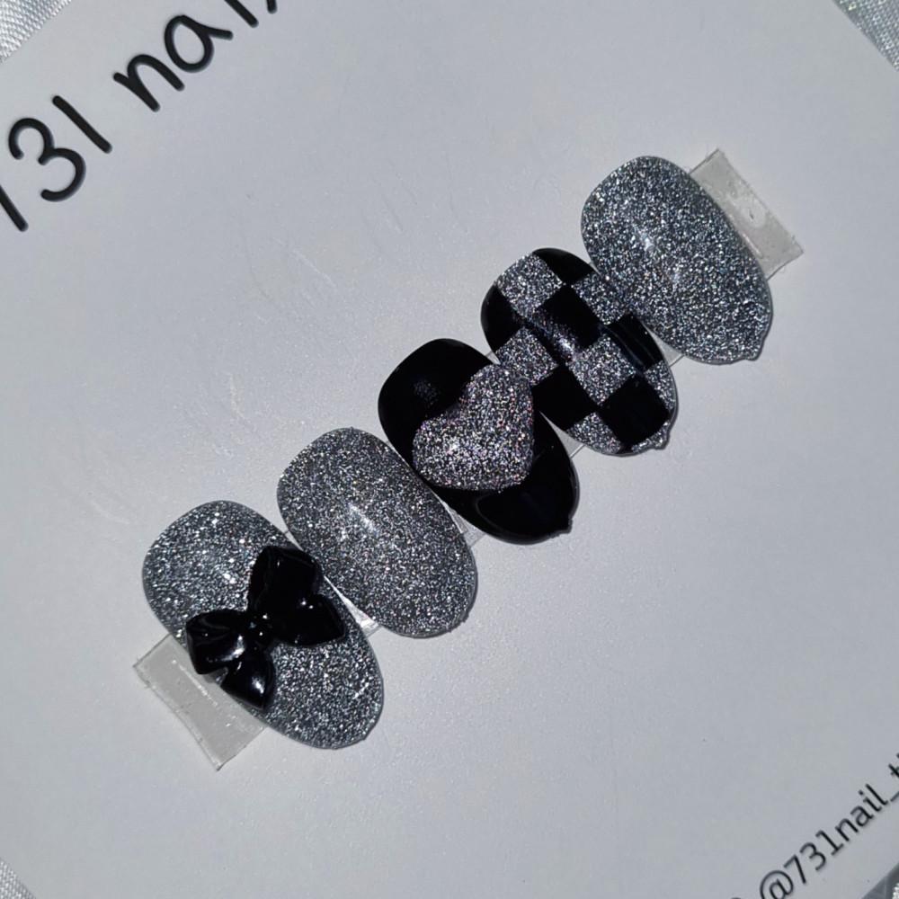 반사 블랙 수제 네일팁 데일리 네일아트 셀프네일 리본네일 반사글리터 체커보드 하트