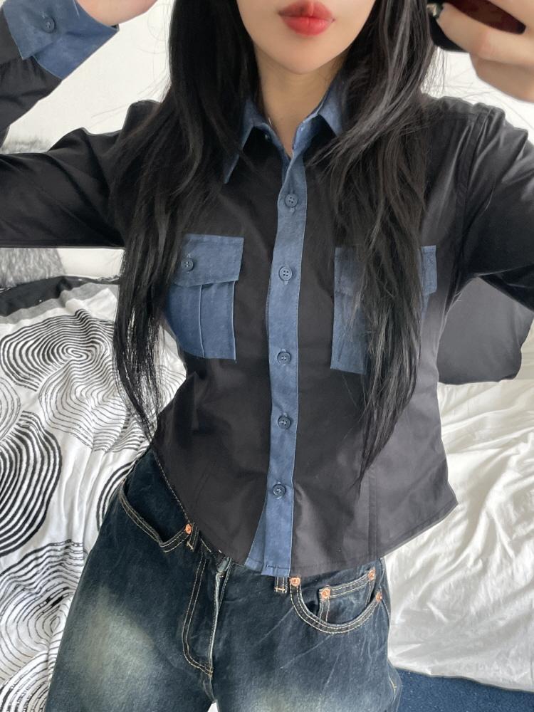 믹스 데님 포켓 크롭 셔츠(2color/3-5일 여유주문)