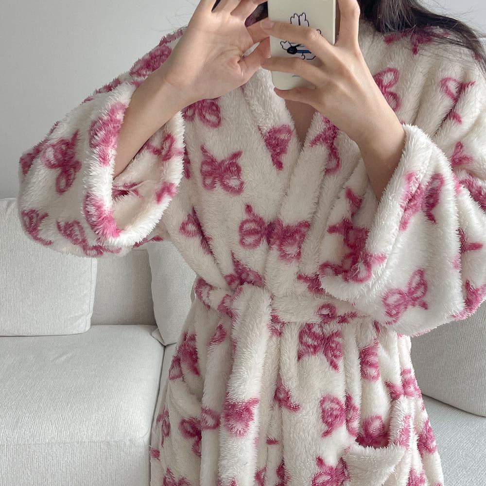 리본 겨울 극세사 수면 긴팔 로브 잠옷 가운 파자마 핑크