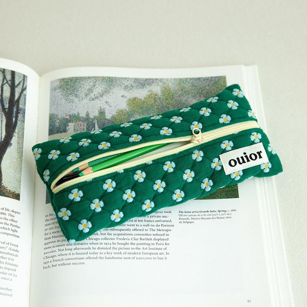 ouior flat pencil case - dot flower green(middle zipper)
