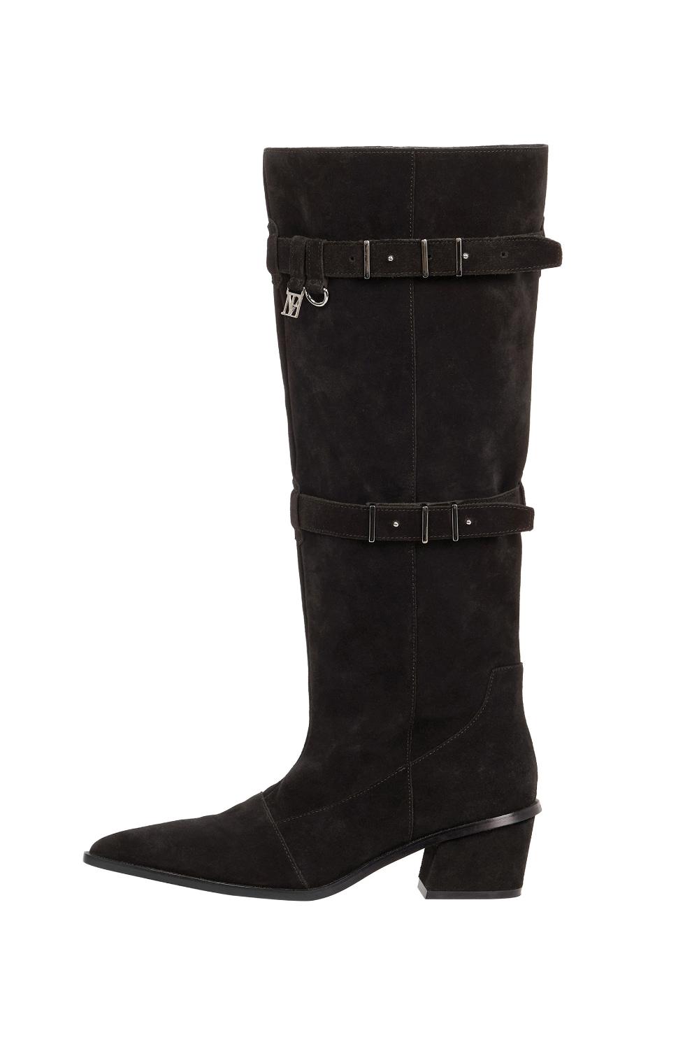 Suede Slouch Belted Long Boots [ Brown ]