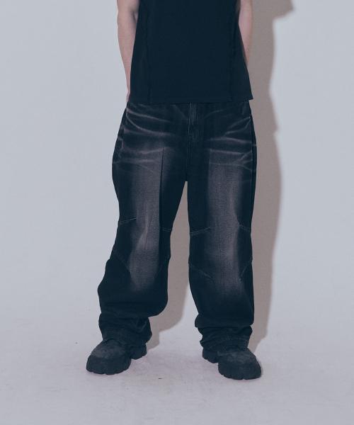 Embossed Wave Washing Wide Denim Pants Black