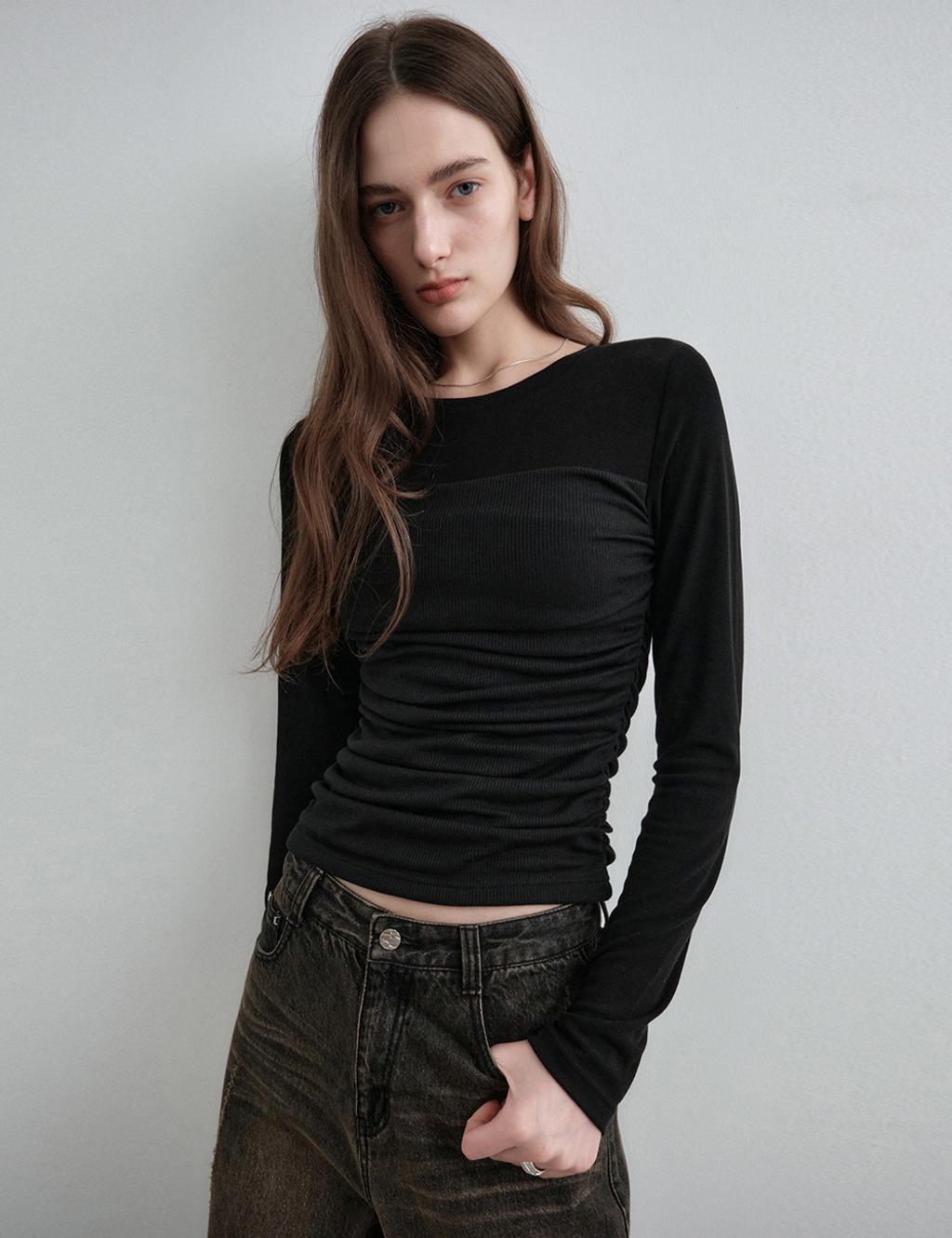 튜브탑 셔링 레이어드 티셔츠 블랙 MDTS083BLACK