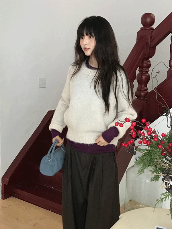 헤어리 울 크롭 니트 탑