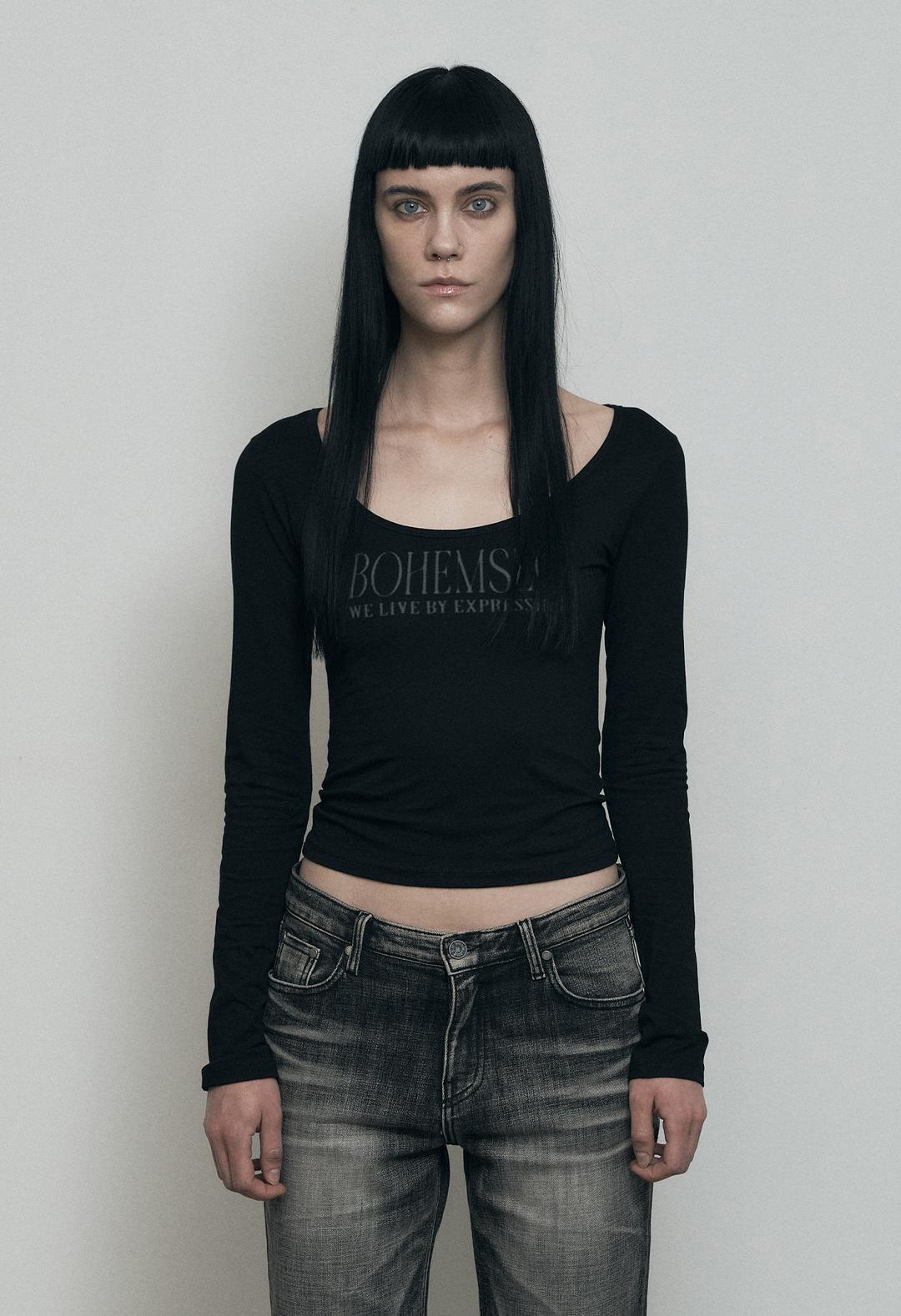 PALE PRINETED LONG SLEEVE, BLACK