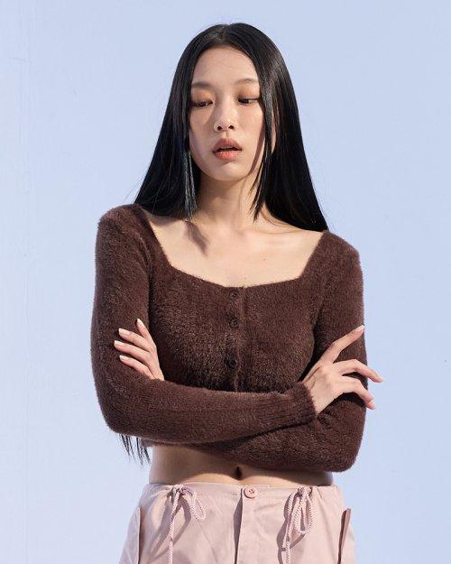 스퀘어넥 크롭 가디건 (BROWN)
