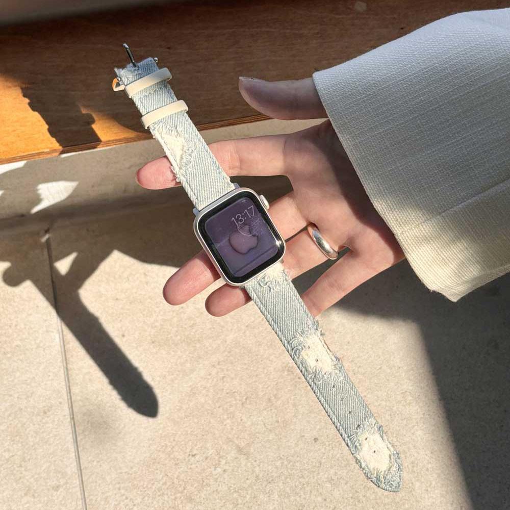 애플워치 빈티지데님 스트랩 유니크 심플 슬림 자수 데일리 가죽 가벼운 하트  8 7 6 SE 2 파비즈