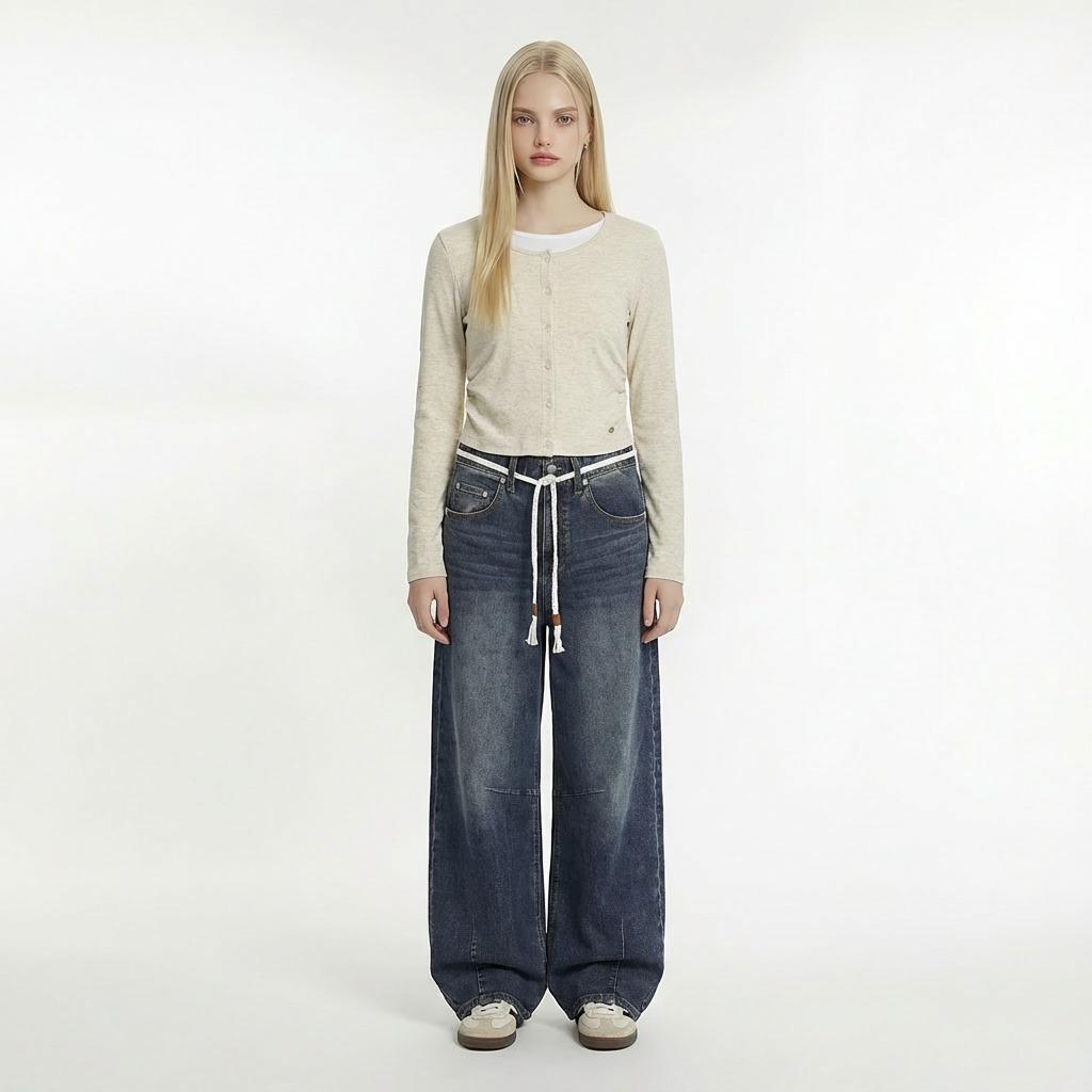 행텐 여성 울트라 소프트 벨트 벌룬 데님팬츠_블루