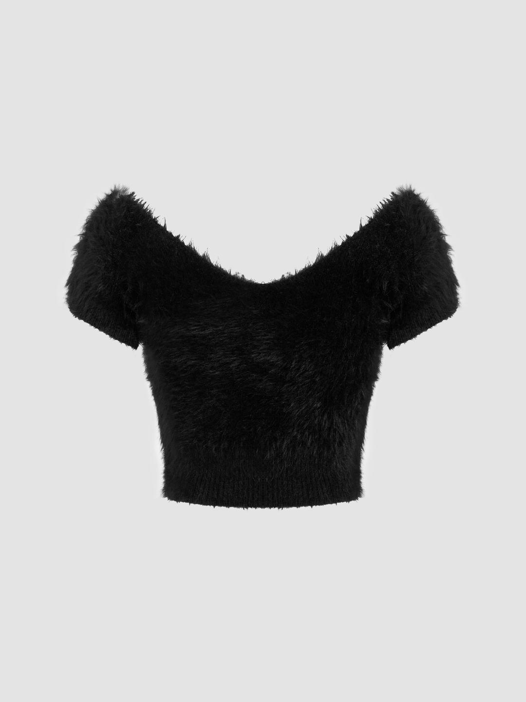 Knit V-neck Faux Fur Short Sleeve Crop Top