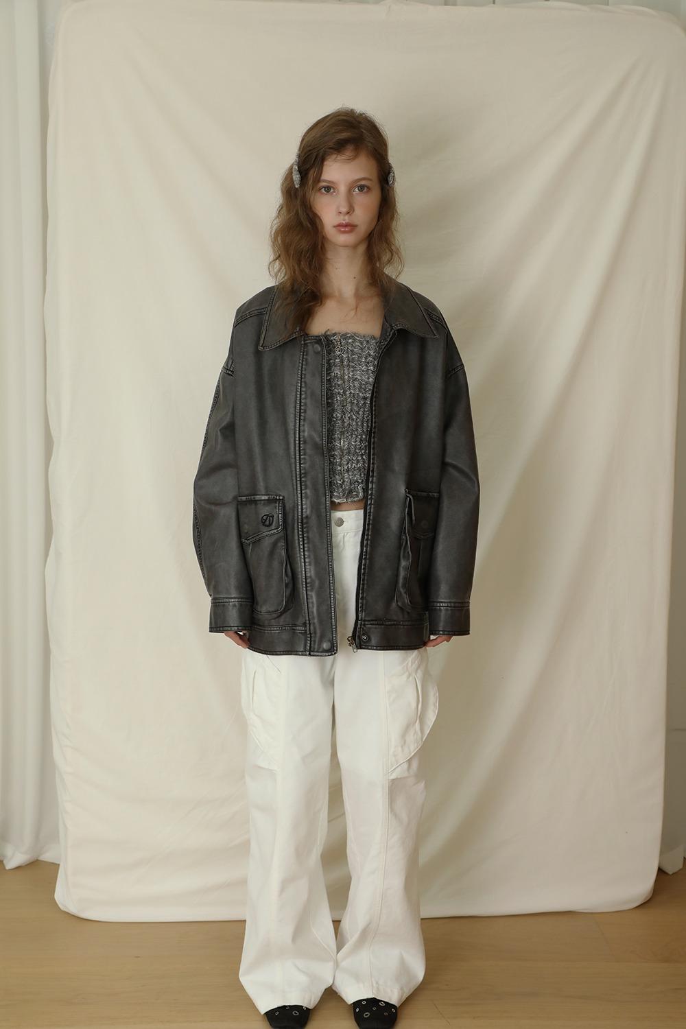 WASHED VINTAGE LEATHER JACKET_CHARCOAL