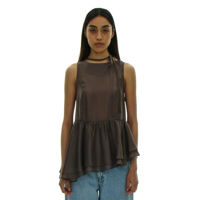 TIENECK FRILL BLOUSE_BROWN