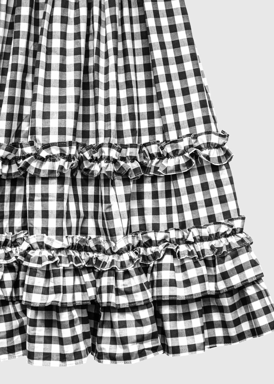 RUFFLE PLEATED MIDI CHECK SKIRT - BLACK CHECK