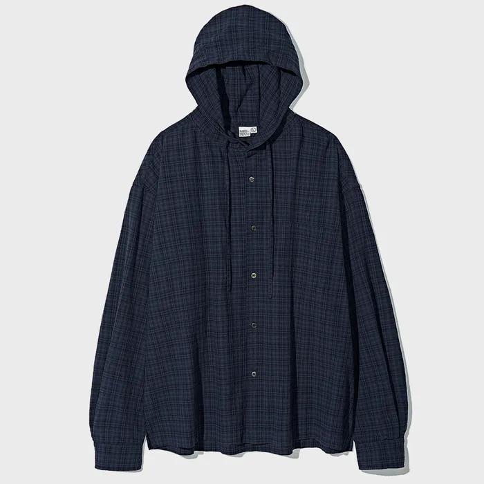 Hooded Warm Check Shirts Navy