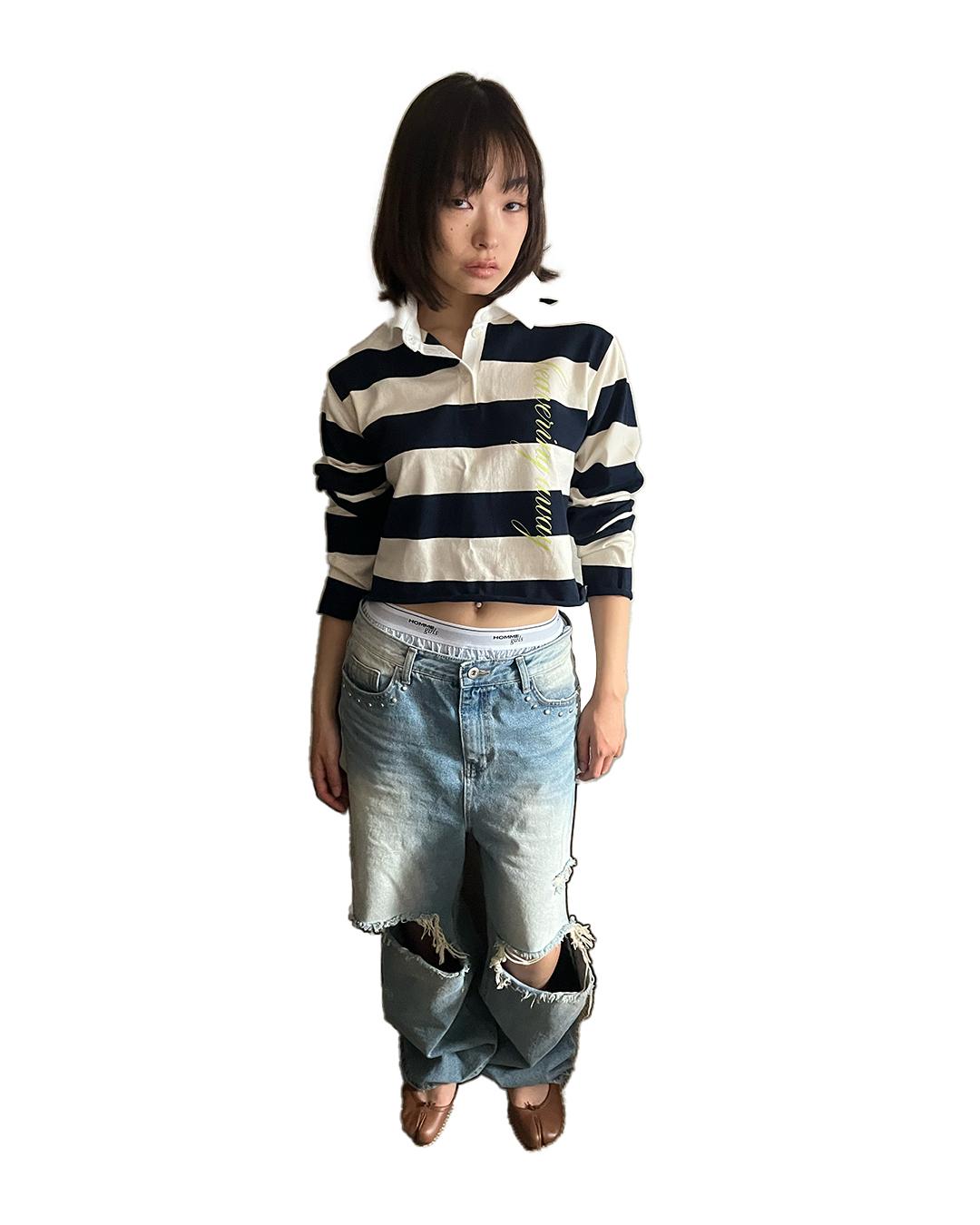 CROPPED RUGBY SHIRT, NAVY STRIPE