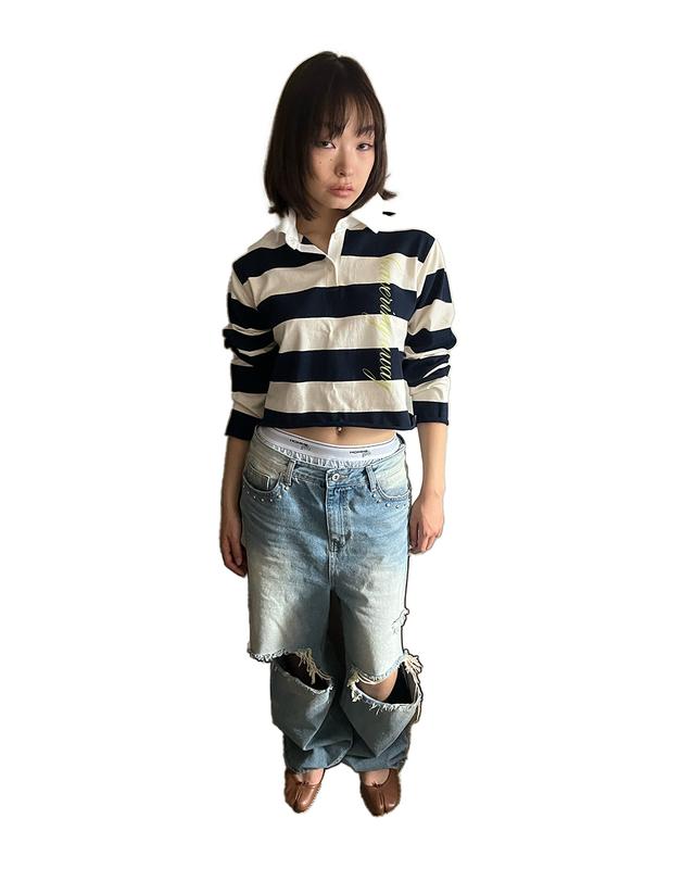 CROPPED RUGBY SHIRT, NAVY STRIPE