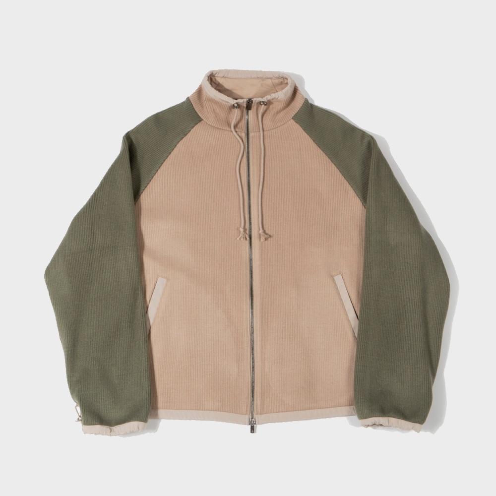 WOVEN BINDING KNIT ZIPUP / BEIGE OLIVE