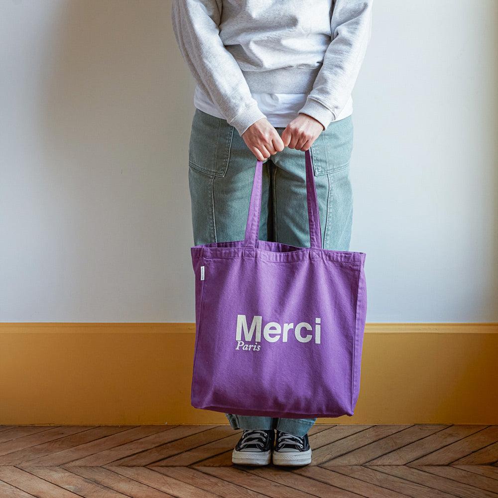 Merci - Tote Bag en coton - Violet & Écru - Grand (38x38x10 cm)