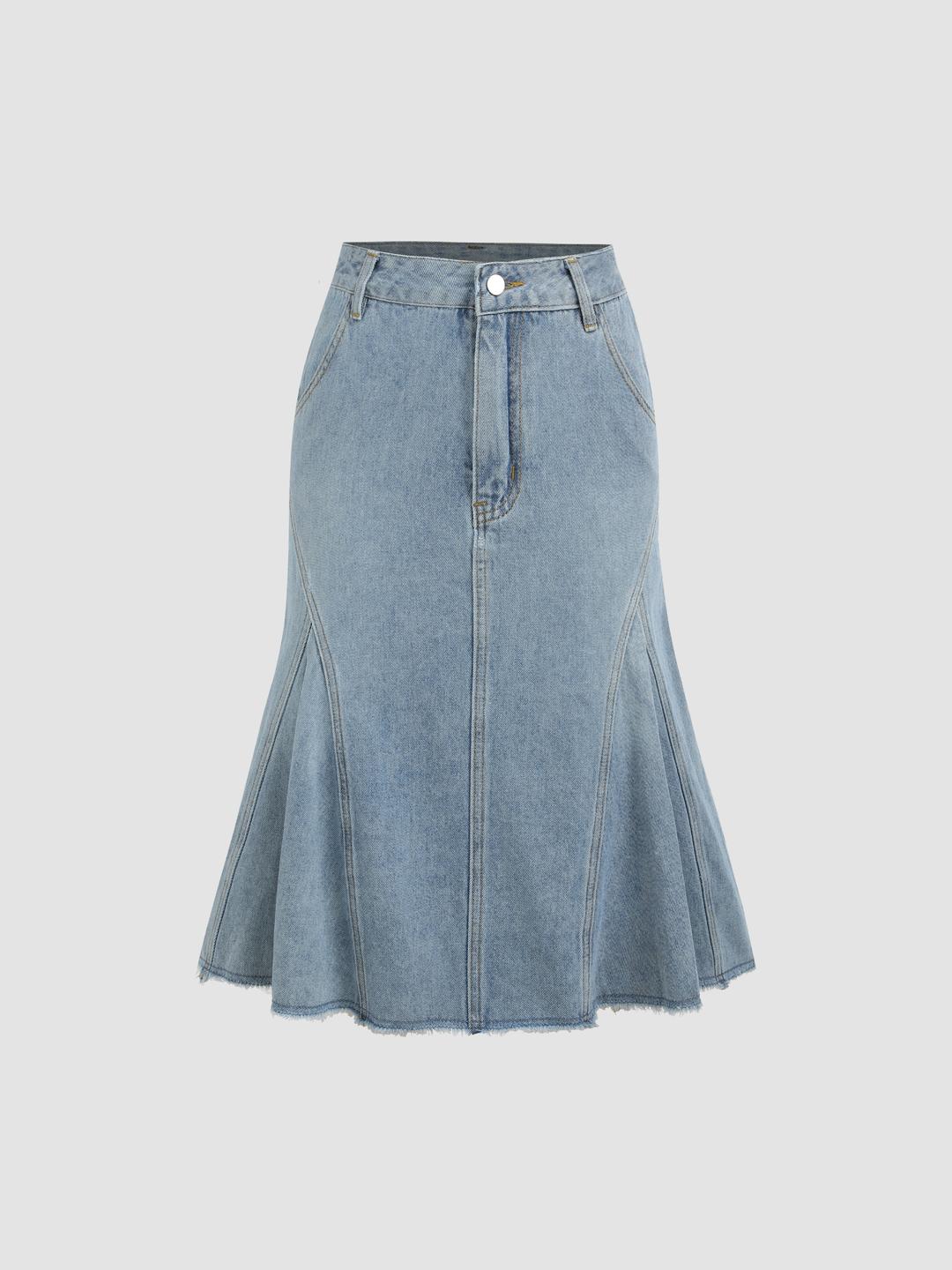 데님 프린지 러플 미디 스커트