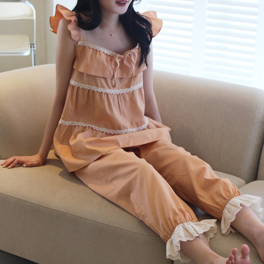 천연염색 시원한 여름 파자마 저자극 레이스 순면 잠옷 바지 (황토, 머드, 보라)