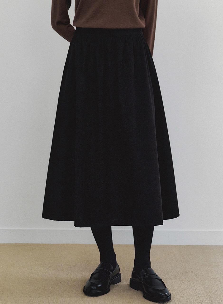 블렌드 코듀로이 플레어 롱 스커트 - 블랙