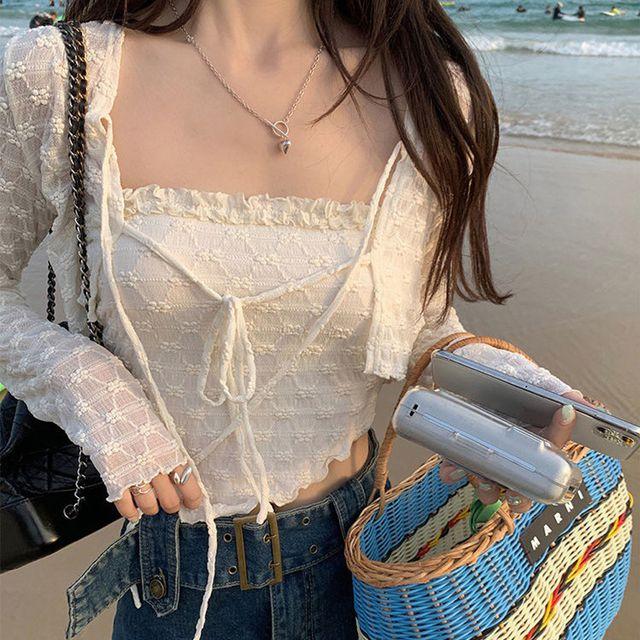 샤인글램 (당일출고/set) 레이스 꽃 프릴 시스루 크롭 언발 끈나시 볼레로 썸머 여름 가디건 투피스 세트 휴가룩 바캉스룩 휴양지룩 페스티벌룩