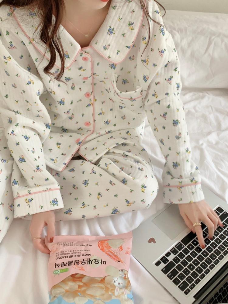 플라워 누빔 잠옷 파자마 홈웨어 세트