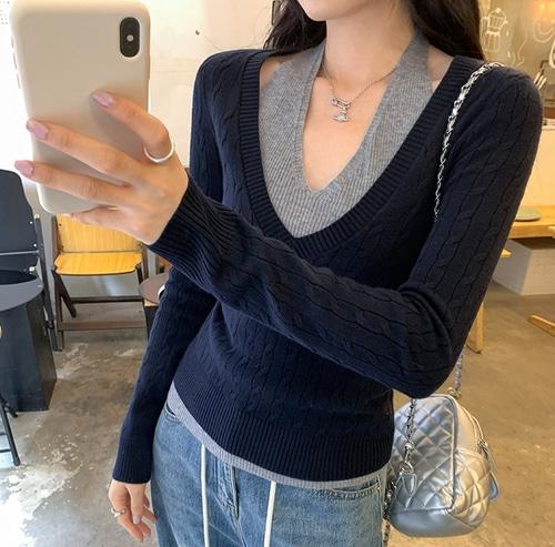 하벨리 케이블 브이넥 홀터넥 긴팔 니트 티셔츠 페이크 투피스 상의 hb10117