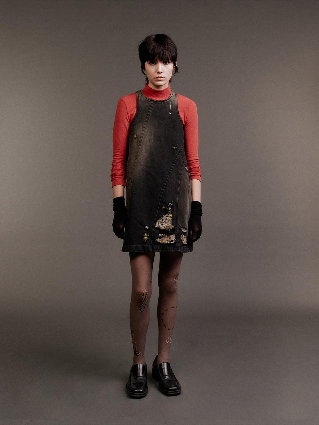 Damaged Denim Halter Mini Dress / Black