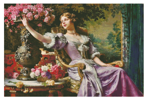 Lady in Lilac, Wladyslaw Czachorski, Fine Art Cross Stitch Patterns PDF