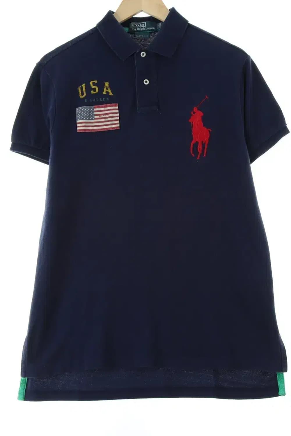 (M-L) 폴로 랄프로렌 반팔 카라 티셔츠 네이비 성조기-140DA | 후루츠패밀리