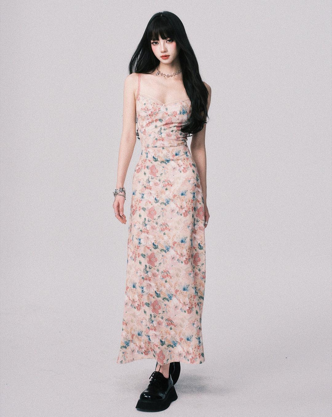 Flower Suspender Long Dress LUL0155