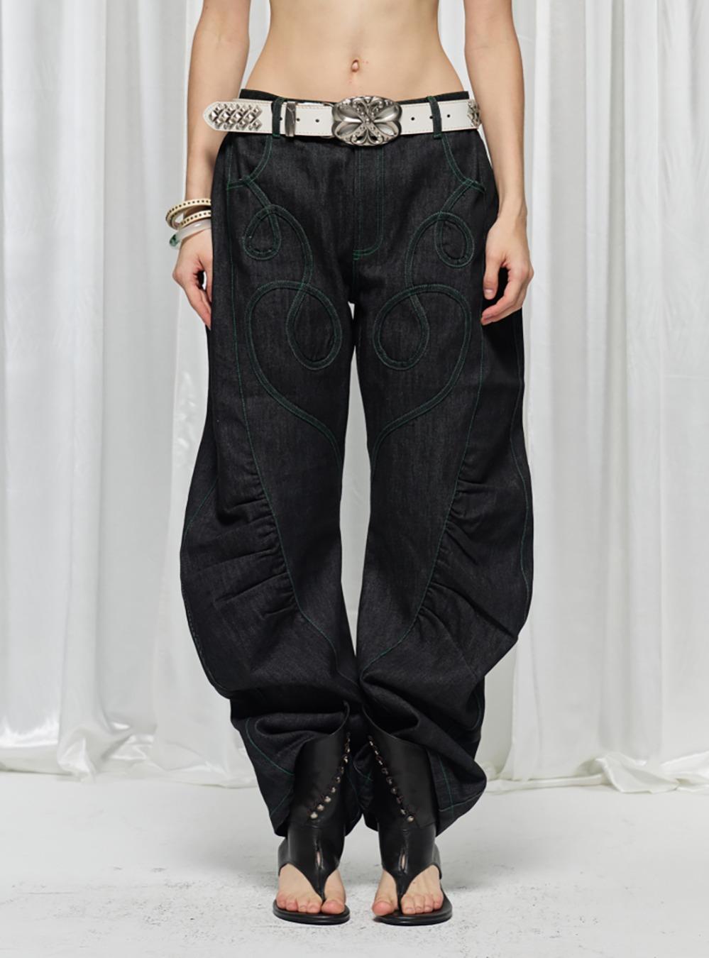 Retro Heart Patch Curved Denim Pants