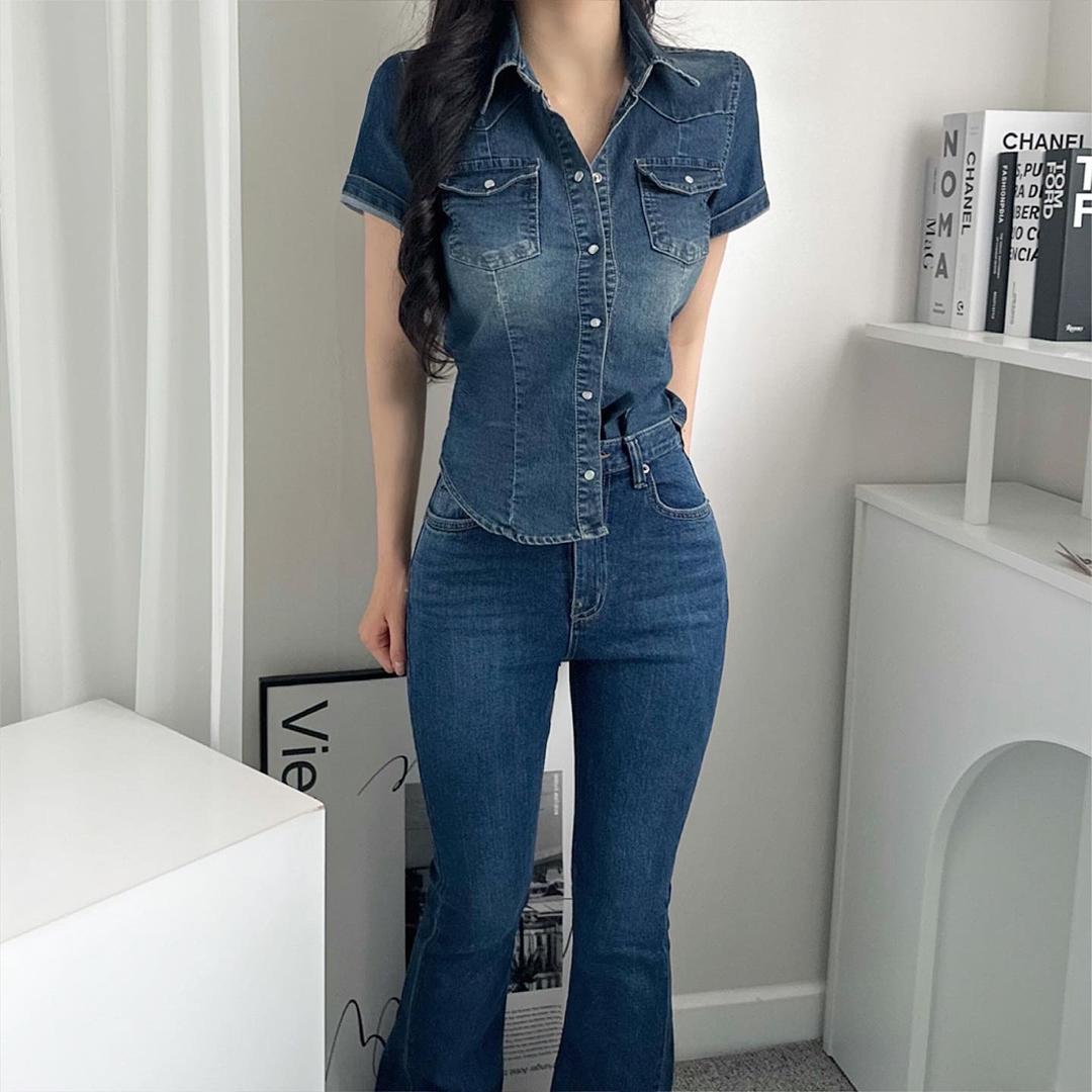 [ 국내 / 하이퀄 ] 켈란 슬림핏 스판 진청 데님 셔츠 남방 - 반팔버전